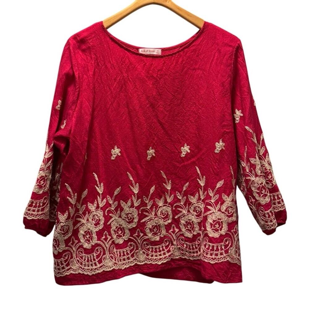 Ana & Rose Women's Fuchsia Red Embroidered Floral Boho Blouse 3/4 Sleeve Top XL